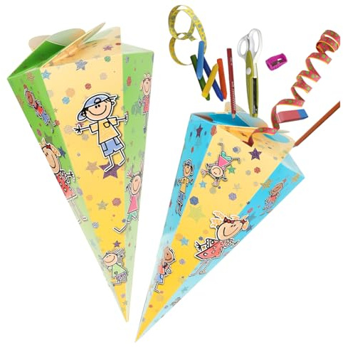 com-four® 2x school cones 30cm - sibling school cones made of cardboard - foldable candy cone for the start of school - gift packaging for school beginners (2 green-yellow/blue-yellow)