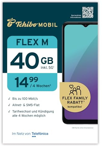 Tchibo MOBIL Flex M SIM-Karte | 40 GB Datenvolumen + Allnet- & SMS-Flat | Surfen mit LTE/5G | Nur 14,99 € alle 4 Wochen | Ohne Lange Vertragsbindung | EU-weites Roaming