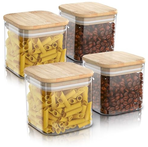 Arendo - Vorratsgläser mit Deckel 800ml - 4er Set - Behälter aus Glas – hitzebeständig – Vorratsdosen/Vorratsbehälter mit Bambusdeckel - luftdicht - für Müsli Zucker Mehl Kaffee Reis