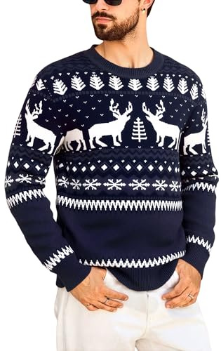 Marvmys Suéter de Navidad Hombre Jersey Navideño de Punto con Copos de Nieve y Renos Cuello Redondo Manga Larga Invierno Tallas L-XXL