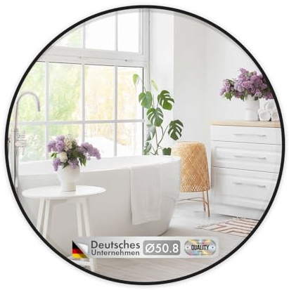 KARAT Miroir Mural Rond pour Salle de Bain et Chambre, avec Cadre en Alliage d'aluminium Noir Bella, Ø 50 cm, Verre trempé avec Film de sécurisé, Design élégant, Fixation Murale ou Poser sur Table