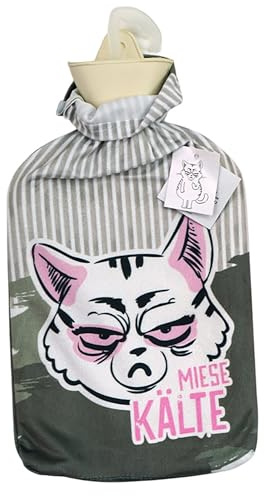 Annastore Wärmflasche 2 Liter mit Bezug - Miese Katze - (Miese Kälte ) | Lustiges Geschenk mit frechem Design - Witzige Bettflasche - Bezug waschbar - Kuschelig & Wärmend