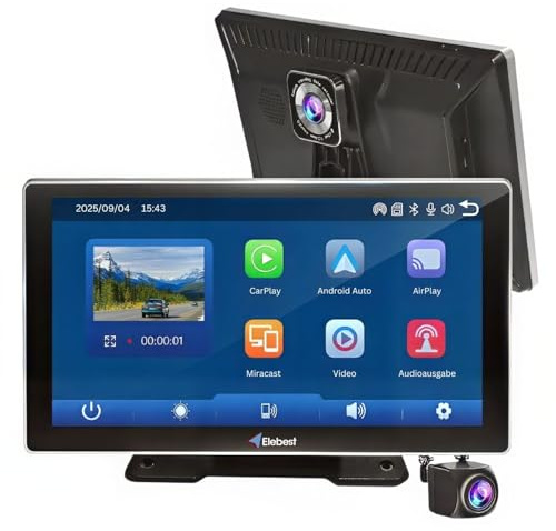 Elebest CarPlay 1090 – Kabelloses 9 Zoll Navigationssystem mit Android-Auto, Front- & Rückfahrkamera, HD-Display, GPS, Touchscreen, Dashcam, Bluetooth & Sprachsteuerung – Universell für Auto