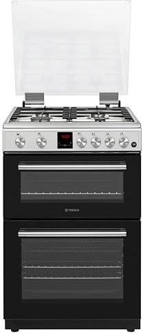 Teknix TKGD60X 60cm Gas Cooker with Lid – Freestanding Double Oven & Grill, 4 Burner Hob, LPG Convertible, Cast-Iron Pan Supports, Easy Clean, Inox – A+ Energy Rated