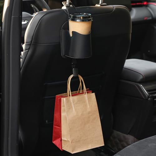 Qirc Car Seat Back Cup Holder, Multifunctional Leather Auto Storage Organizer with Headrest Hook, 3 in 1 Universal Car Hanging Drink Holder for Purse Phone Handbag Grocery Bags (Black)