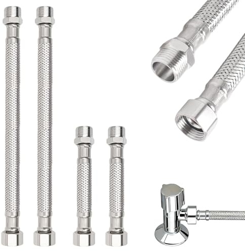 4 Stück Flexschlauch 3/8 Wasserhahn Schlauch Verlängerung Edelstahl Flexschlauch 3/8 Zoll mit Dichtungsband Panzerschlauch aus 304 Edelstahl flexibler Armaturenschlauch für Wasserhahn Bad WC
