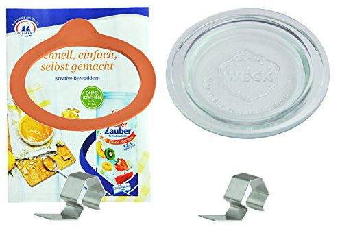 ORIGINAL WECK-Einkoch-Set - Glasdeckel für Rundrandglas 60 mm + Einkochring + 2 Weck-Klammern + GRATIS Rezeptheft, Ersatzdeckel aus Glas, transparent, WECK-Rundrandgläser RR60, wiederverwendbar