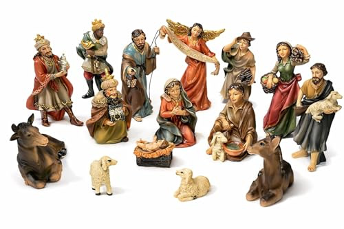 Faithful Treasure 15-Piece Complete 4 Christmas Nativity Set | Tabletop Nativity Figurines | Nativity Scene with Figures of Baby Jesus, Angel, Holy Family, Wise Men, Peasants, and Animals