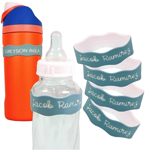 InchBug Orbit Labels Baby Bottle and Water Bottle Silicone Name Bands – Personalized Reusable Label Set for Daycare, Sippy Cups, Preschool, Elementary School, Dishwasher Safe, 4-Pack (Sea Glass)