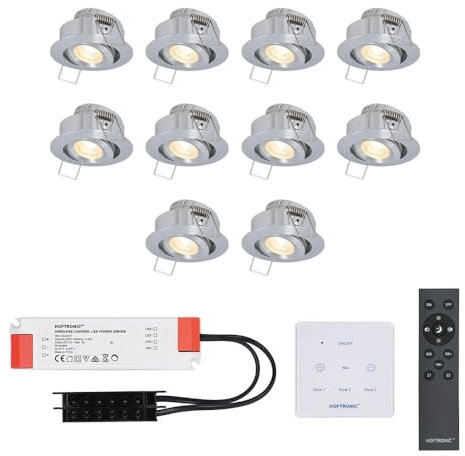 HOFTRONIC - Mini LED Einbaustrahler Set Granada 10er set Schwenkbar IP44 Inkl. Touch Wand-Dimmer & Fernbedienung 2700K Warmweiß LED Deckenstrahler schwenkbar ideal für Terrassendach, Bad, Dusche