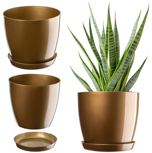 KADAX Blumentopf mit Untersetzer Ø 14 cm, Gold Pflanzkübel für Innen- und Außenbereich, ideal für Wohnzimmer, Balkon, Bad oder WC – lebendige Farben bringen Frische in jeden Raum