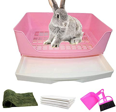 PINVNBY Large Rabbit Litter Box Corner Toilet Box Bigger Pan Pet Potty Trainer with Drawer for Adult Bunny Guinea Pig Chinchilla Ferret Galesaur Hedgehog Small Animals(Pink)