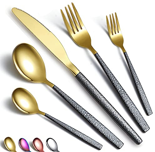 Ensemble de couverts 30 pièces de revêtement de tête en or brillant avec poignée noire de Mars, ensemble d'ustensiles de placage en titane en acier inoxydable Service de jeu d'argenterie pour 6