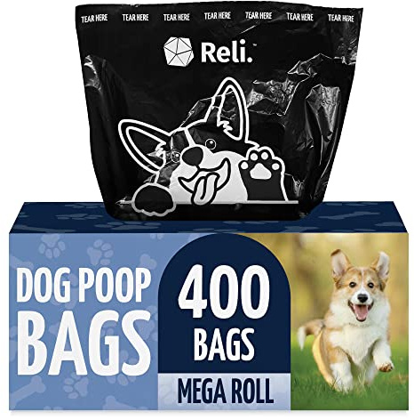 Reli. Dog Poop Bags (400 Bags - Large Single Roll) | Dispenser Box | 9x13 Large Doggie Poo Sack | Use for Yard Pickup | Bulk Single Roll | Unscented, Leak Proof (Black)