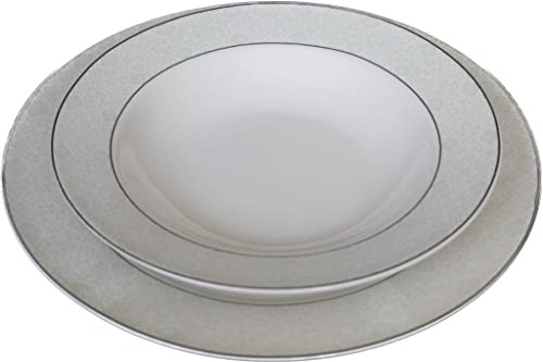 Servizio Di Piatti Per 12 Persone In Fine Porcellana Filo Platino Decoro a Rilievo Con Insalatiera e Piatti Da Portata Mod.1236
