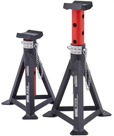 Arebos 2X Unterstellbock | je 3 Tonnen Tragkraft | höhenverstellbar 299-442 mm | Unterstellbock Set | Wagenheber Ständer | Stützböcke mit Sicherungssplint & Gummiauflagen | Stützfuß, Stahl