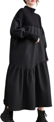 ellazhu Robe Tricotée à Col Roulé en Patchwork avec Volants pour Noël GZ05 Noir