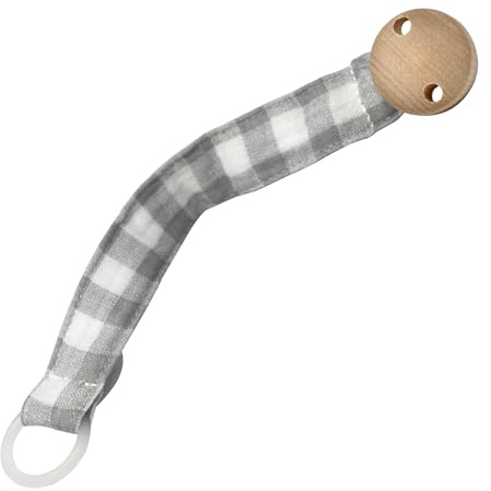 Piccolila Baby Schnullerkette - Schnullerband aus Bio Baumwolle - Schnullerband mit Holz Clip und BPA-freiem Silikonring - Für fast alle Schnuller geeignet - Individuelle Designs (grey + white check)