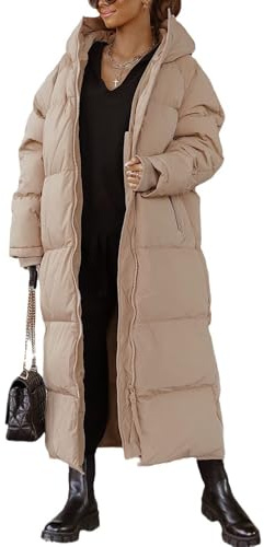 EsukAr Lång quiltad damkappa med huva, maxilängd, långärmad, pufferjacka, vadderad kappa, vinter, ytterkläder, Camel, M
