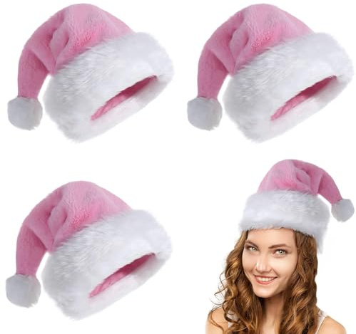 POPOYU Bonnet de Père Noël Rose - 3 Pièces Costume de Noël Extra Épais - Chapeau Lutin Adulte Avec Fourrure Classique - Accessoire Tenue