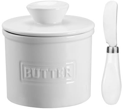 JSHKY Keramik-Butterdose mit Buttermesser, Französische mit Deckel, Wassergeühlte mit Wasserlinie, Butterglocke für Frische und Weiche Butter, Weiß.
