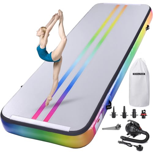 ROMELANDS Luftgymnastik-Tumbling-Matte, 4 dick, 3,4 m, 4 m, 4 m, 4 m, aufblasbare Trainingsmatten für den Heimgebrauch mit Pumpe (Regenbogen, 3 m x 9 x 10 cm)