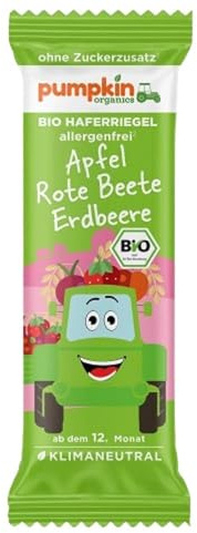 Pumpkin Organics Bio Haferriegel ohne Zuckerzusatz¹, Babys und Kinder | Bio Haferriegel Rote Beete Erdeere, ohne Zuckerzusatz¹, weniger Fruchtzucker, allergenfrei² und glutenfrei³, ab 12 Monaten