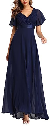 ECDAHICC Damen Abendkleider Gürtel V-Ausschnitt Hohe Taille A-Linie Chiffon Brautjungfernkleid Elegant Lang Ballkleid(ZQ,XL)