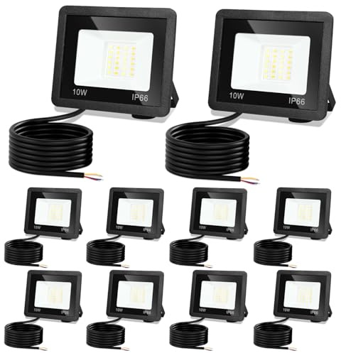 Jiubiaz LED Strahler Außen 10W, 3000K/4000K/6500K LED-Strahler Dimmbar, Superhell Fluter Flutlichtstrahler, IP66 Wasserdicht Scheinwerfer Aussenstrahler für Hof, Garten, Garage(10 Stück)