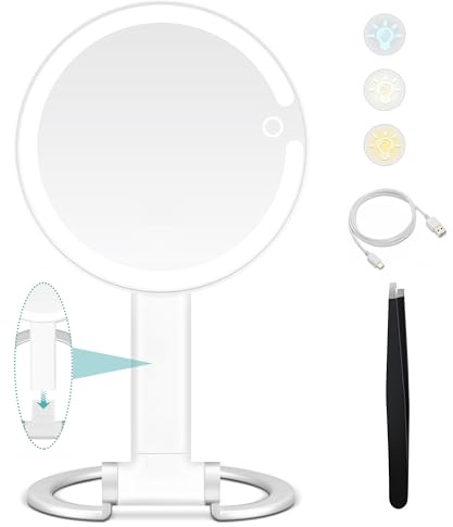 B Beauty Planet Kosmetikspiegel mit Licht, 1x/20x Doppelseitiger Vergrößerungsspiegel mit Licht, 2000mAh Rechageable Adjustable 3 Colour Lights Touch Switch Control, Foldable Lightweight for Travel