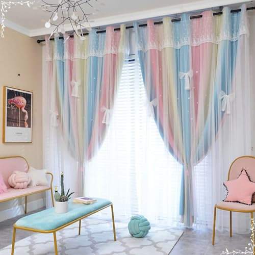 Daesar Schiebevorhänge Blickdicht 2er Set, Verdunkelungsvorhang Ösen Kinderzimmer 96x214CM mit Sternen und Spitze Doppellagig Romantisch Gardinen Vorhänge Schlafzimmer Wohnzimmer