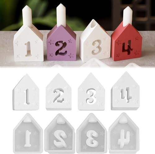 SVOCK 4 Stück silikonformen gießformen adventskranz,adventszahlen 1-4 für kerzen, silikonform adventskalender, Silikonform Weihnachten Häuser Silikon Gießform Kerzenhalter
