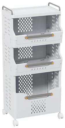 PAIDE P Hilfswagen mit Rollen für die Küche. Stapelbarer Badezimmer Organizer Schrank. Schmutziger Wäschekorb. Mehrzweck Aufbewahrungswagen.(3 Regale + Griff)