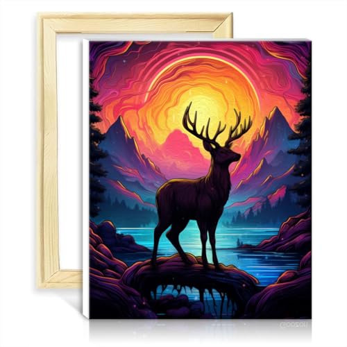 LiHEQING Ölgemälde auf Leinwand, bunt, Hirsch, Wanddekoration für Kinder und Erwachsene – mit Pinseln und Acrylfarbe im Stil für die Inneneinrichtung, ohne Rahmen (60 x 75 cm)
