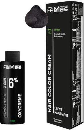 Femmas Haarfarbe Set Mittelbraun 4 I Hair Color Cream 100ml + Oxycreme 100ml 6% I Permanente Haar-Coloration + Entwickler I Schonend & langanhaltend I Salon-Haarfarbe für Zuhause