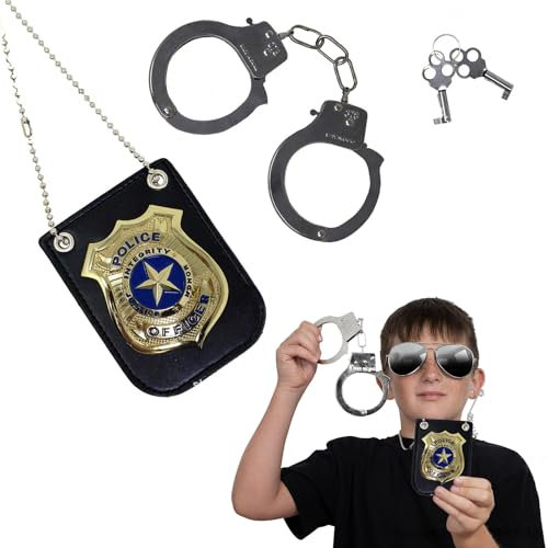 FeiOne Polizei Handschellen Set aus Echt Stahl - Profi Zubehör Mit Polizeimarke für Kinder Kostüm und Cosplay