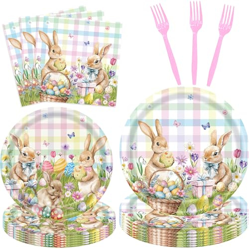 QDIRDEC Easters Party Plates Happy Easters Rabbits Party Tableware Decorations Disposable Easter Plates and Napkins for Kids Spring Birthday Decorations