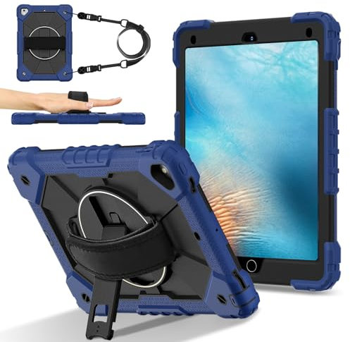 Tablet PC Väskor Fodral Fodral Rugged Case Compatible with iPad Pro 9.7 Inch Case,Heavy Duty Protective Cover with Adjustable Stand & Shoulder Strap,With Wrist Strap Kids-Friendly Tablet Case(NavyBlue