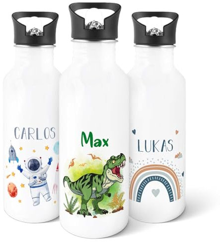 GRAVURZEILE - Bedruckte Trinkflasche aus Edelstahl - T-Rex - Personalisiert mit Namen - 600 ml - Auslaufsicher mit klappbarem Mundstück und integriertem Trinkhalm