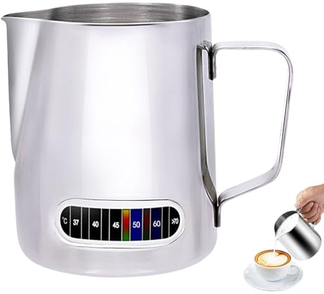 Milchkännchen mit Temperaturanzeige, Milk Pitcher Milchaufschäumer Krug Edelstahl Krug Dampfkanne, Handheld Aufschäumkännc, Zubehör Werkzeuge Milchschaumkrug für Espresso -Dampf (600ml)