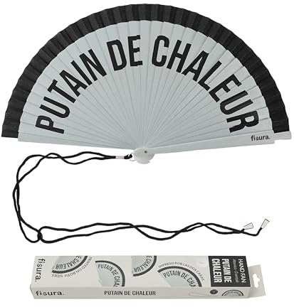 Fisura – Éventail Original avec Message « P*Tain de Chaleur ». Ventilateur réversible élégant Bois coloré. Accessoire Portable Gris Noir. Crochet Inclus. Dimensions : 42,5 x 23 cm