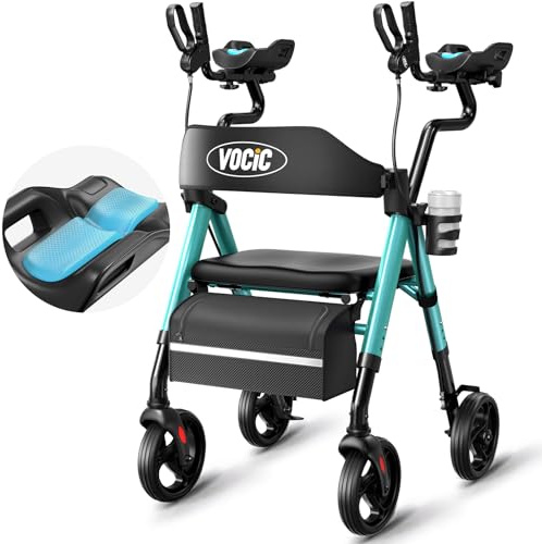 VOCIC Z22 Rollator Faltbar und Leicht mit Sitz, GelSoft-Rollator mit Unterarmstützen & verstellbaren Armlehnen, Rollatoren für Senioren mit Bequemem Sitz, bis136 kg, Becher- & Stockhalter Integriert
