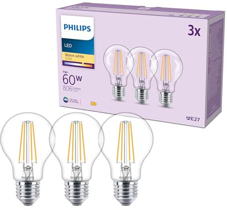 Philips LED Classic Lampadina Goccia, equivalente a 60 W, trasparente, attacco E27, Luce Bianca Calda 2700K, confezione da 3