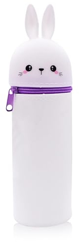 HSMHLYYB 2-in-1 Silikon Federmäppchen, Federtasche aus Weichem Silikon für Stifte, Unisex Kapazität Mäppchen, Tier Stifthalter, Niedliche Schule Geschenke für Kinder (Weißes Kaninchen)