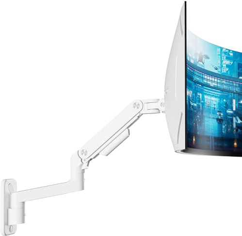 ARES WING 17-49 Inch Monitor Wall Mount Bracket for Computer TV Screens Adjustable Gas Spring Single Monitor Arm Support 44lbs，Height Adjustable，Tilt Swivel Rotate, VESA 75/100 mm，White