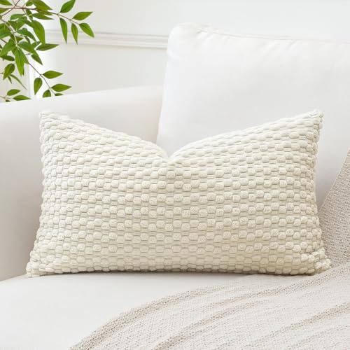 Artscope Pom Poms Decorative Corduroy Cushion Cover 30x50cm Super Soft Boho Striped Lumbar Pillow Covers Case Geometric for Sofa Couch Bedroom Car Decor Set of 1, Cream Beige