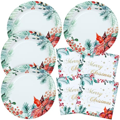 HNH Assiettes de Noël, Poinsettie Lot de 40 Serviettes en papier de table Vaisselle de fête jetables pour Noël