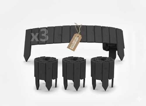 BOGATECO Juego de 3 listones de madera para arriates, 10 cm de alto y 112 cm de largo, valla de madera, ideal como borde de bancal o delimitación de caminos, antracita