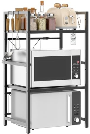 Bowose Mikrowellen Regal, 3-StöCkiger KüChenregal-Organizer Aus Metall Mit 6 Haken, für HeißLuftfritteuse, Verstellbares Mikrowellenofen-Regal, für Desktop-Drucker, BäCkerregal