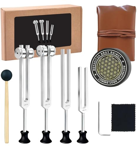 Stimmgabel-Set – 128 Hz, 136 Hz, 256 Hz, 384 Hz, Chakra- und Körper-Stimmgabel-Set mit Aktivator und Tasche, für Meditation, Entspannung und Energiebilanz